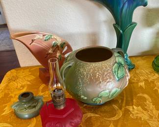 Antique Miniature red glass Oil Lamp, 2 EXCELLENT Antique Roseville Larger Pottery pieces shown with one Excellent Roseville candle holder.