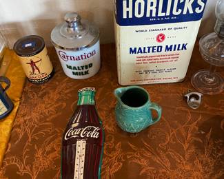 LARGE Vintage ORIGINAL Horlicks Malted Milk tin in great condition. Larger 17" Vintage ORIGINAL Coca Cola Bottle Thermometer in Premium working condition shown with Vintage Excellent Carnation Malted Milk glass dispenser and 1 full Quart Archer Oil can.