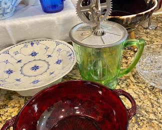 Ruby Red Bowl, Vintage Green Depression glass handled mixer.