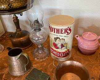 A few old Vintage Copper pieces, Vintage Tobacco tin, Mother's Oats Paper Box in Excellent original condition plus pink miniature teapot and antique oil lamp.