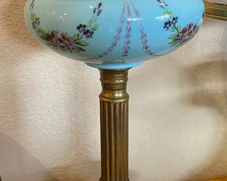Excellent Parlor Blue Glass Double burner Oil lamp minus chimney.