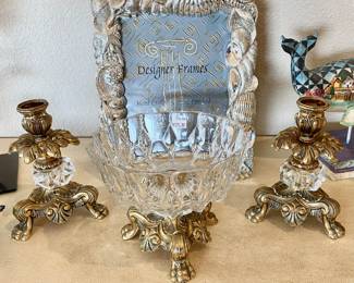 Ormalu Hollywood Regency Candlesticks and console bowl.