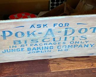 Vintage Pok A Dot Biscuits Wood Crate, a bit faded on opposite side.