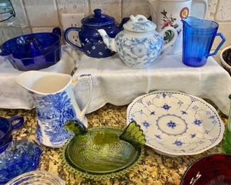 Blue glassware, bone china, Green Hen/Rooster on nest, plus raised Danish plate. Quality pieces.