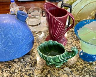 Vintage Pottery Blue Bottle, Art deco Burgundy Pottery Pitcher, green pottery plus Excellent Quality Blue & Green glass spooner.