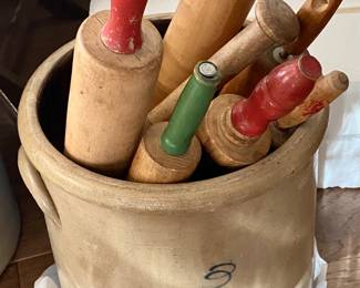 Mid to late 1800's No. 3 Stinger Stoneware Crock, shown with a handful of Antique Rolling pins