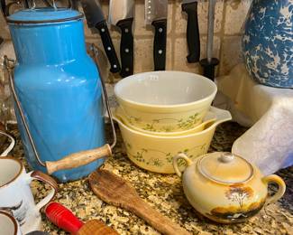 Vintage Pyrex, Vintage Milk Can, plus older covered sugar bowl