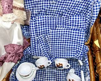 Madeline tea set in basket w/ blue checked napkins