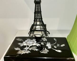 Black lacquer Mother of pearl, inlay jewelry box, Eiffel Tower, candle holder 