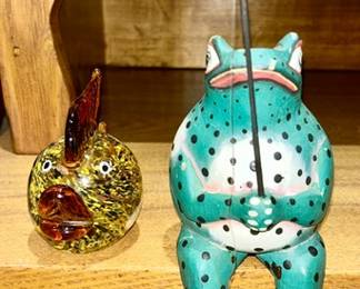 Murano Glass Fish paperweight, Paper Mâché frog holding fishing rod
