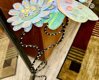 Ann Arbor Art Fair metal flower & butterfly art on stand, cement base
