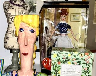 Jewelry holder, Handcrafted Whimsical planter, I Love Lucy doll in box, cards in box