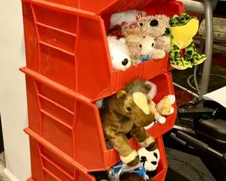 Plastic bins, work great for toys & stuffed animals!
