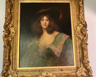 Pre sell item priced at 3000. "Portrait of a Girl In Green Gown". Signed lower right corner by R. Avigdor. French, ornate gilt frame. Late 1800's. 39 x 45.