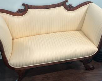 Pre sell Item priced at 750. American Empire Style Carved Small Sofa from American Classical Period. Circa 1890. Mint condition.