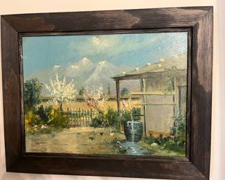 Pre sell item priced at 195. "Well In Courtyard". 17 x 12.5. Chilean oil on board. Circa 1950. Artist name illegible. 