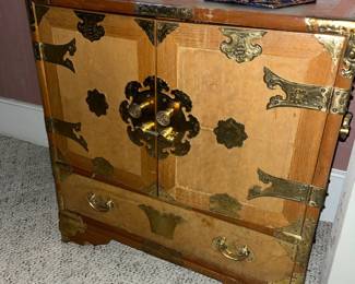 Asian Burl Wood Brass Mount Chest Cabinet Chinese 