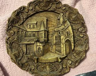 Vintage German 3-D Souvenir Plate Carved Pressed Wood 