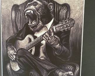 Jim Cook -  Scratchboard Art - Monkey playing guitar 