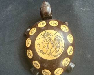 Carved Wood Turtle with Inlaid Chinese Zodiac Sign - Opens to Compass 183 