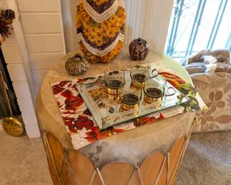 Fall fall fall .. I hope this means cooler weather . Look at the vintage drum (real) and coffee tray and decorations !