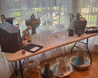 Knife box, pitchers and basins, Alabaster vase, Cloisonné vase, Waterford Crystal and more