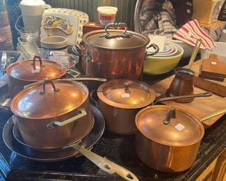 Revere copper cookware, Ruffino by William Sonoma copper cookware, Pyrex nesting bowls