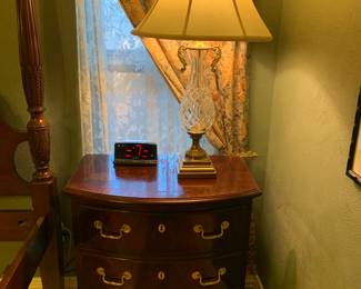 Thomasville bow front Nightstand, Waterford lamp