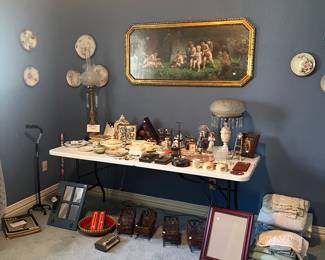 Antique lamps, miscellaneous items, linens, not shown two sewing machines, sewing box, clothing, hats