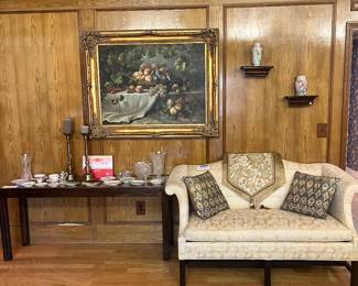 Chippendale loveseat, Wool rug, Still life oil, painting