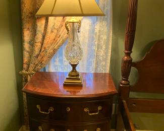 Thomasville bow front Nightstand, Waterford lamp