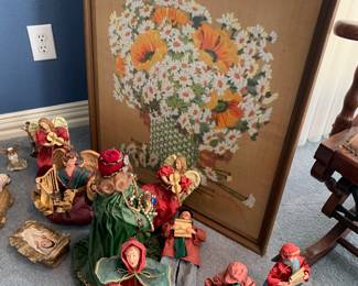Vintage needlepoint, floral and Paper Mâché Christmas