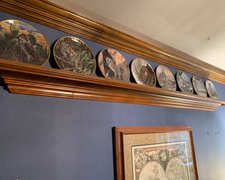 Spode owl Plates and display shelf