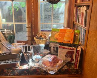 Toaster, roasting pan, cookbooks