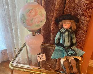 Brass and glass bamboo Accent table, Gone With The Wind Lamp, German antique doll
