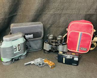 Starter pistol, Night vision, binocs, & vintage cameras