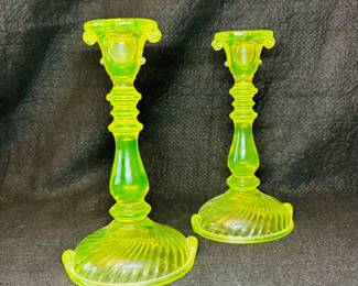 Yellow uranium glass candlesticks