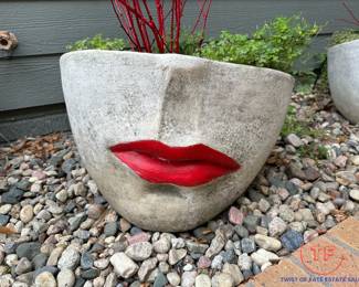 Fornasetti Dali Style Half Face Large Cast Stone Planters by CAMPANIA with Red Lips