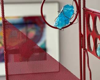 Contemporary Red Metal Screen with Blue Crystal Accents