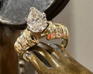 18K GOLD Ring with 2.77 Pear Shaped Center Diamond with Baguette and Round Diamond Accents