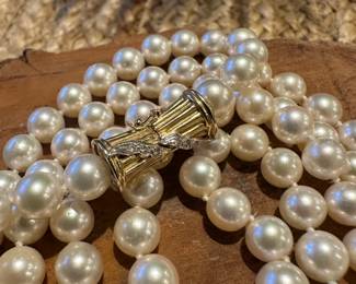 35" Pearl Opera Necklace with 14K GOLD Clasp with Diamond Accents