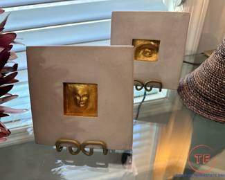 Studio Made Signed Concrete and Gold Gilt Relief Art Tiles