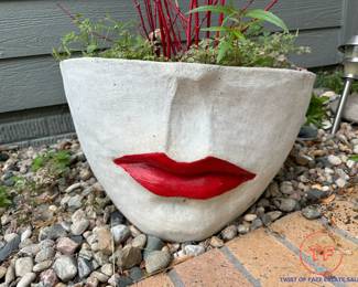 Fornasetti Dali Style Half Face Large Cast Stone Planters by CAMPANIA with Red Lips