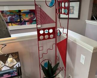 Contemporary Red Metal Screen with Blue Crystal Accents