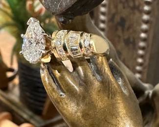 18K GOLD Ring with 2.77 Pear Shaped Center Diamond with Baguette and Round Diamond Accents