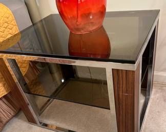 1970's Chrome and Wood Open Framed Cube Side Tables with Smoked Glass
