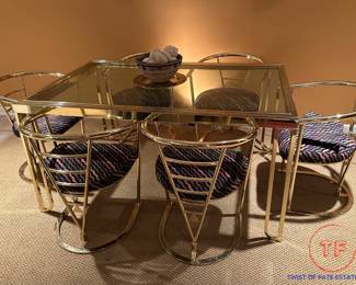 1980's Signed Design Institute of America, Inc (DIA) Brass and Glass Dining Set with 6 Chairs after SOTTSASS