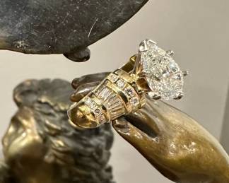 18K GOLD Ring with 2.77 Pear Shaped Center Diamond with Baguette and Round Diamond Accents