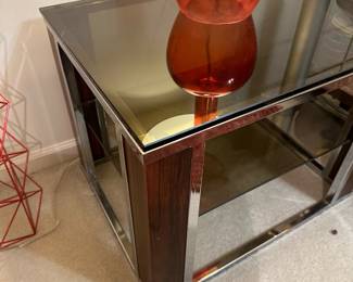 1970's Chrome and Wood Open Framed Cube Side Tables with Smoked Glass