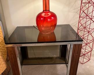 1970's Chrome and Wood Open Framed Cube Side Tables with Smoked Glass